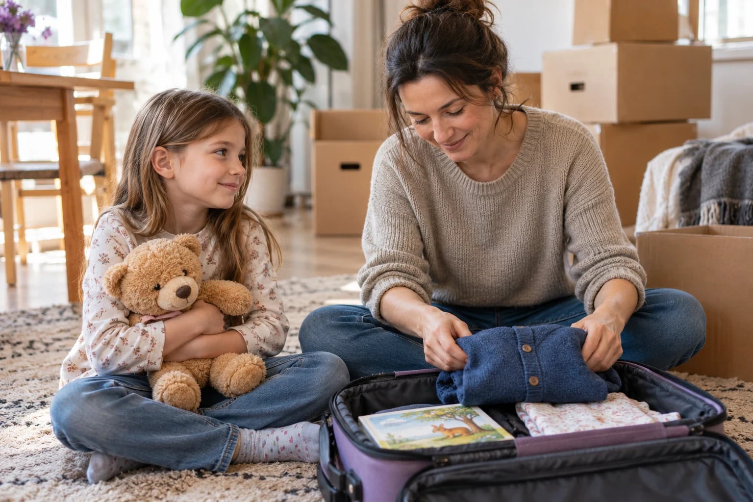 Ein Elternteil legt eine blaue Kinderstrickjacke in eine offene Reisetasche; daneben hält ein Kind seinen Teddybären, im Hintergrund stehen Umzugskartons.