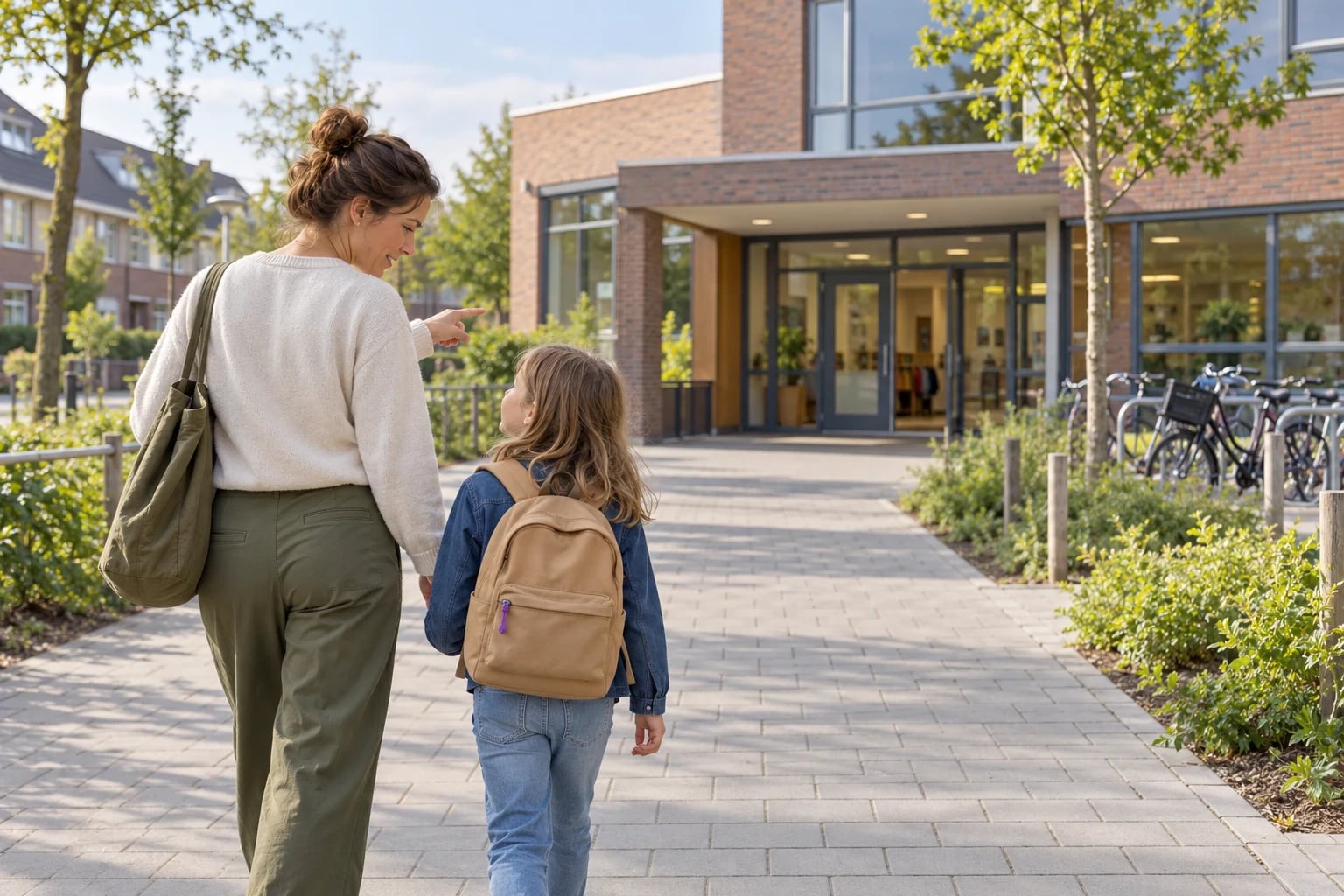 Een ouder en een kind met een kleine rugzak lopen samen naar een schoolgebouw met geparkeerde fietsen bij de ingang