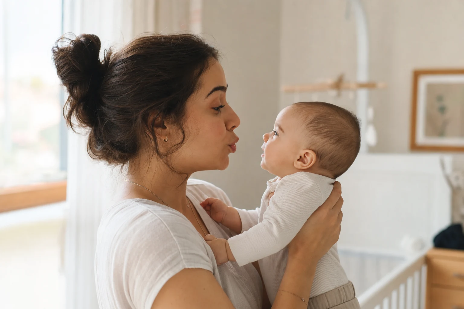 Bebeğinin günlük ipuçlarını dikkatle izleyen anne