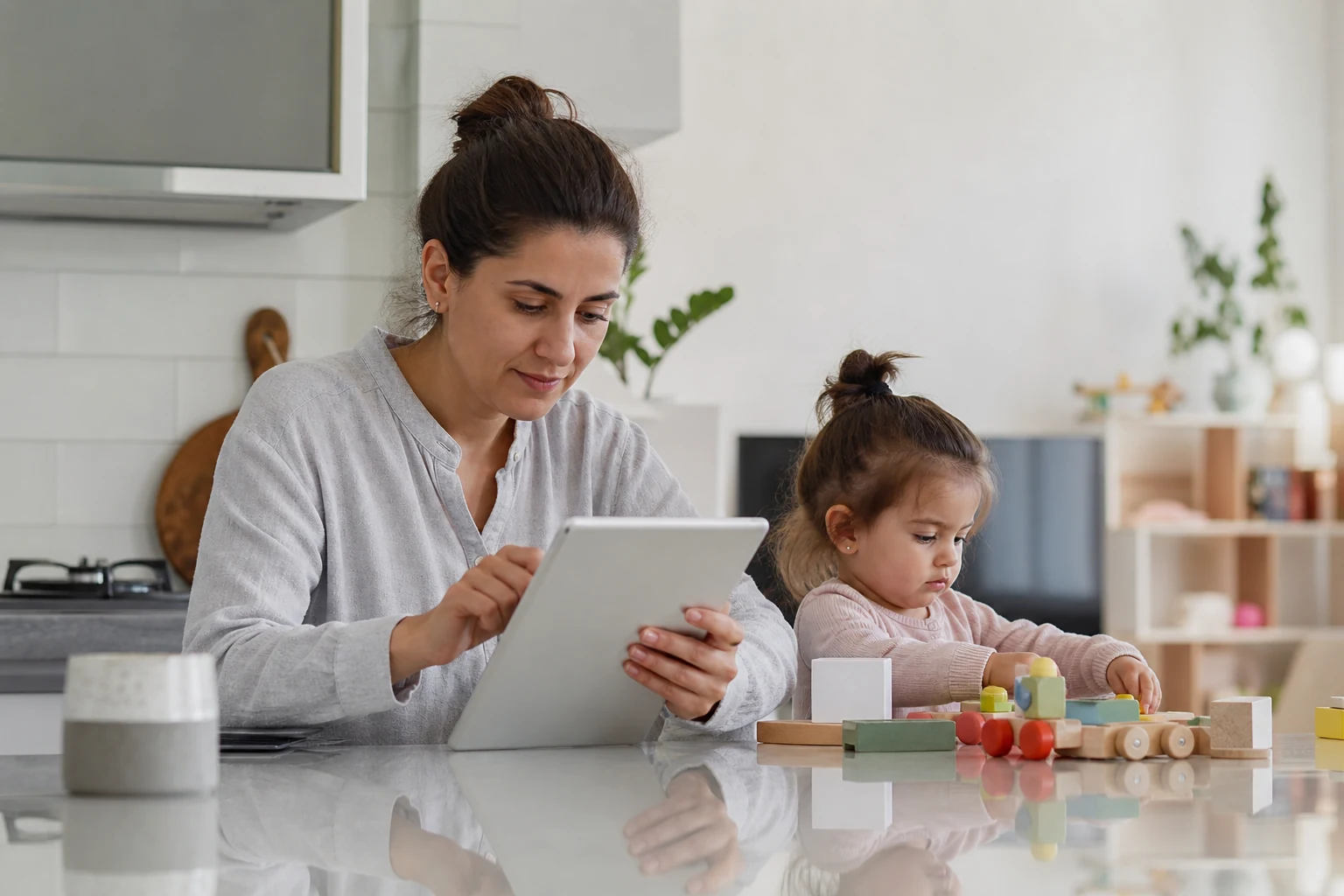 Eine Mutter richtet Sicherheitseinstellungen am Tablet ein, während ihr Kleinkind spielt