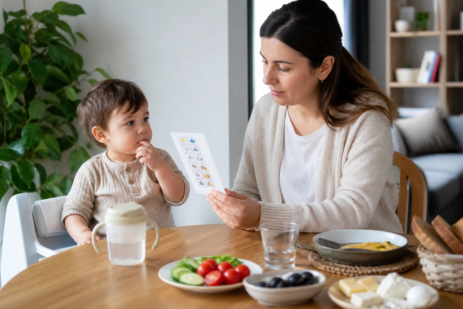 Eine Mutter und ihr Kleinkind planen gemeinsam eine flexible Essroutine
