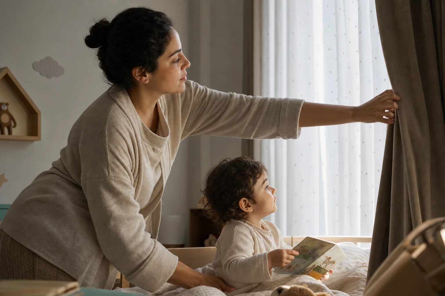 Una madre y su hijo pequeño se preparan para una siesta tranquila