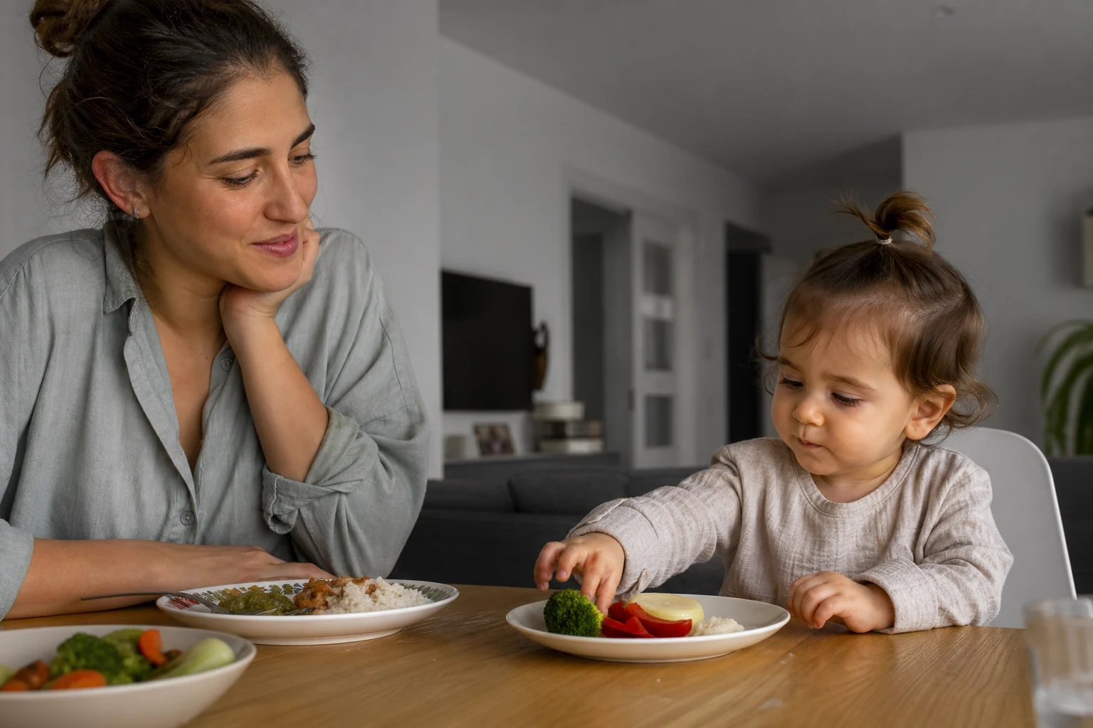 A young child examines a new food without any pressure