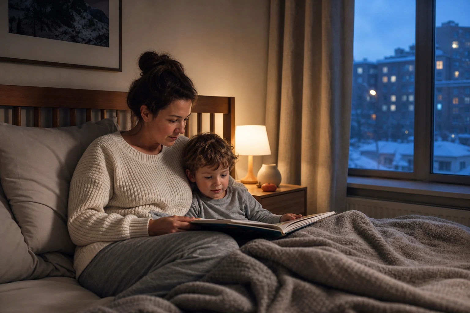 Anne küçük çocuğuna gece uyanmalarında sakin bir uyku rutini sunuyor