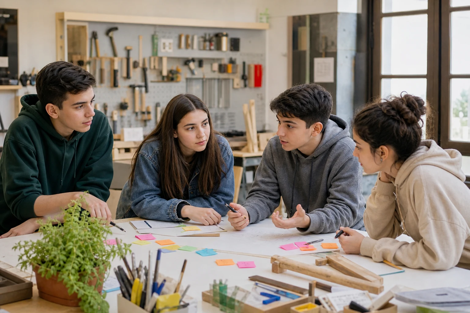 Adolescentes planeiam juntos as tarefas de um projeto comum