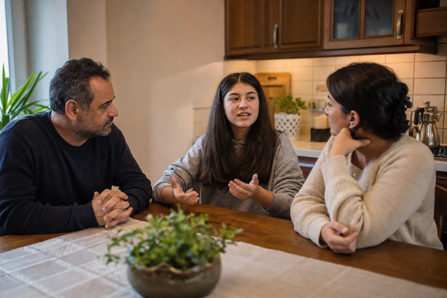 Een moeder en vader luisteren respectvol naar hun dochter aan tafel