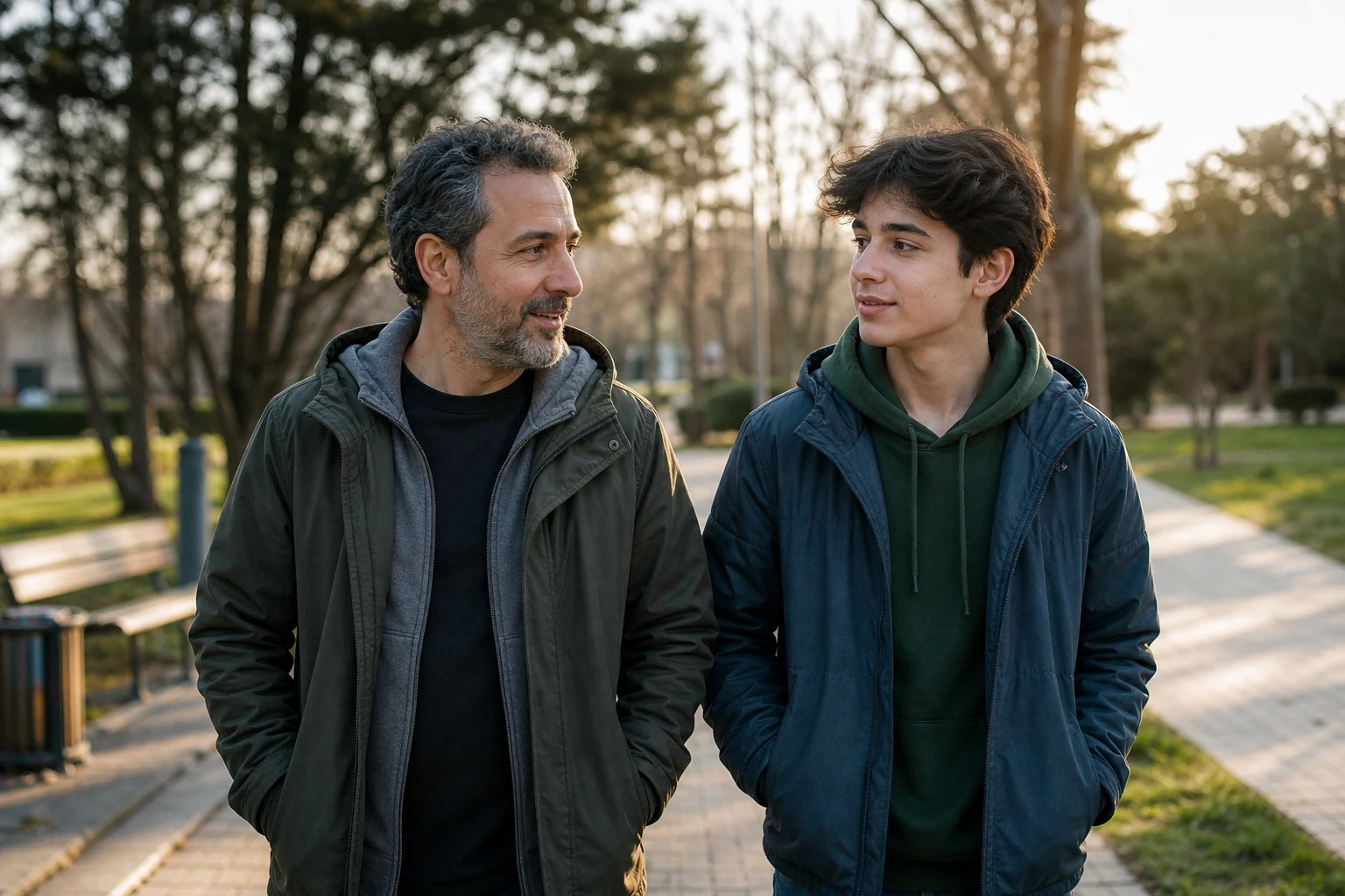 Um pai conversa com o filho adolescente sobre hábitos saudáveis com o telemóvel