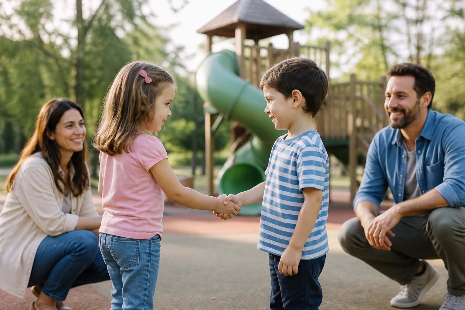 Zwei Vorschulkinder lernen sich im Park kennen, ihre Eltern begleiten sie