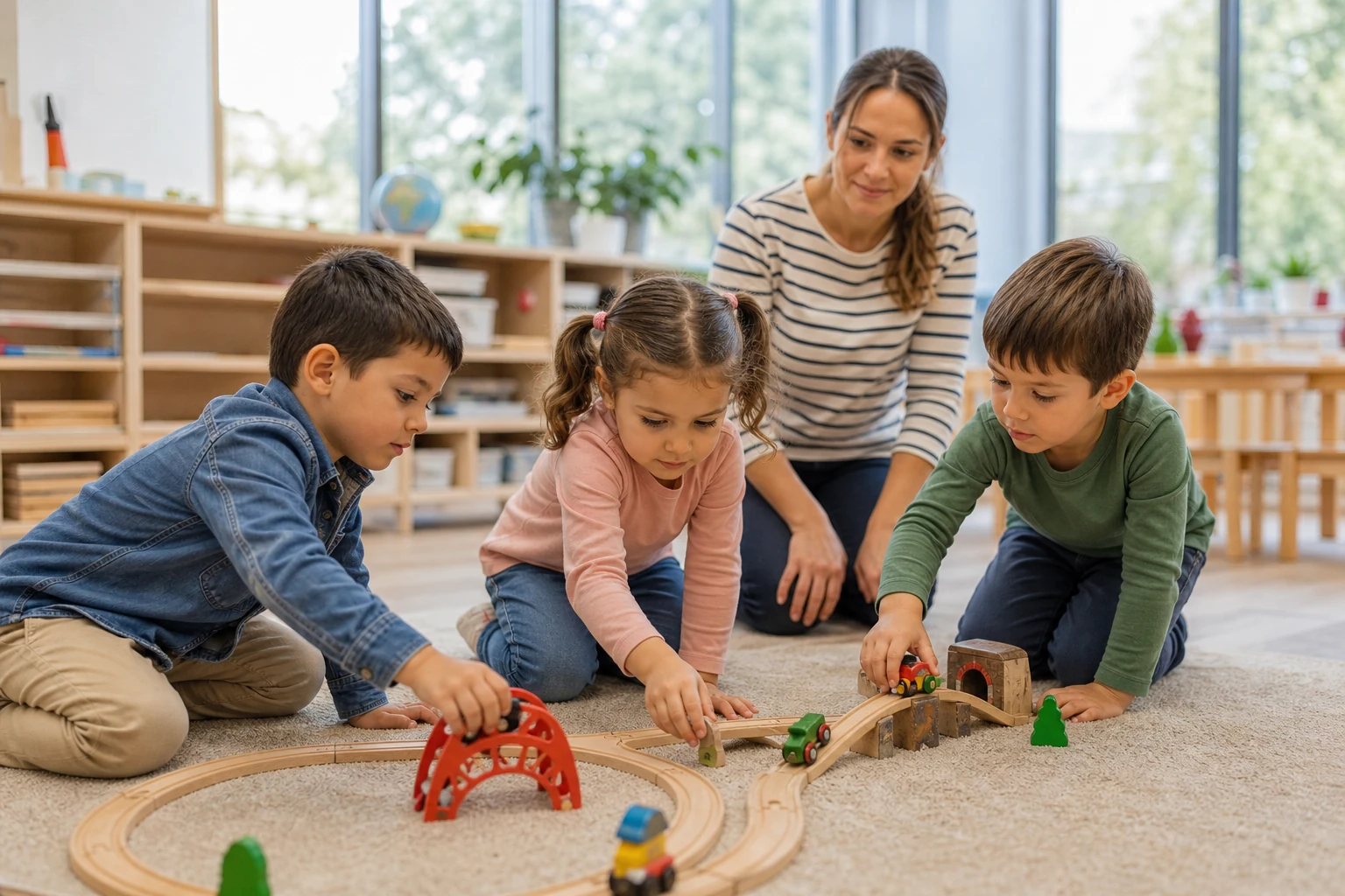 Okul öncesi çocuklar eğitmen eşliğinde ortak tren yolu kuruyor