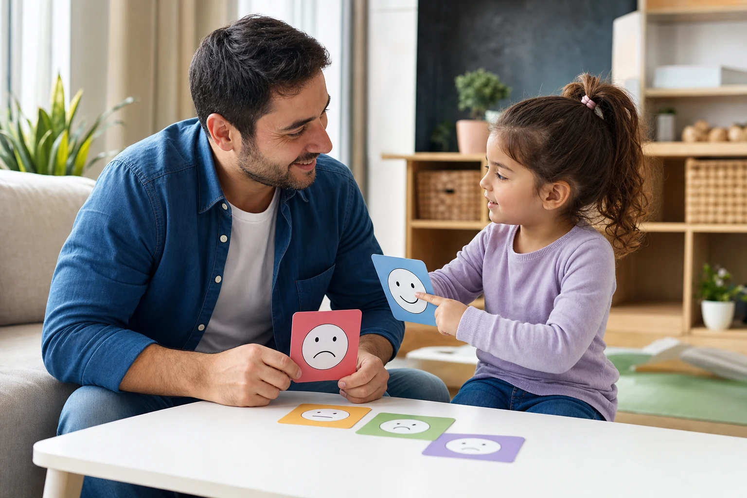 Duygu kartlarıyla kızının duygularını ifade etmesine yardımcı olan baba