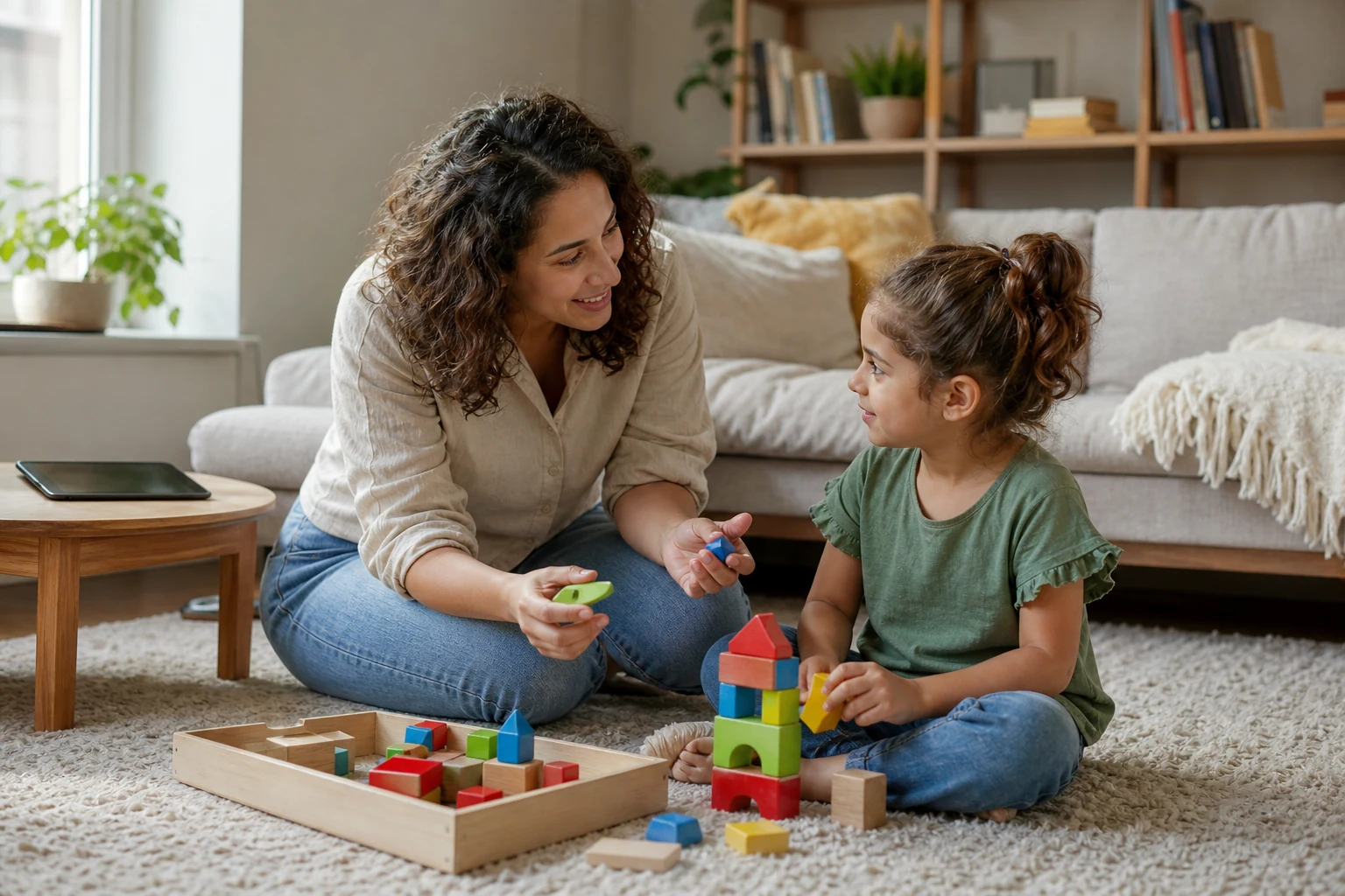 Eine Mutter und ihr Vorschulkind wechseln ruhig vom Bildschirm zum Spiel