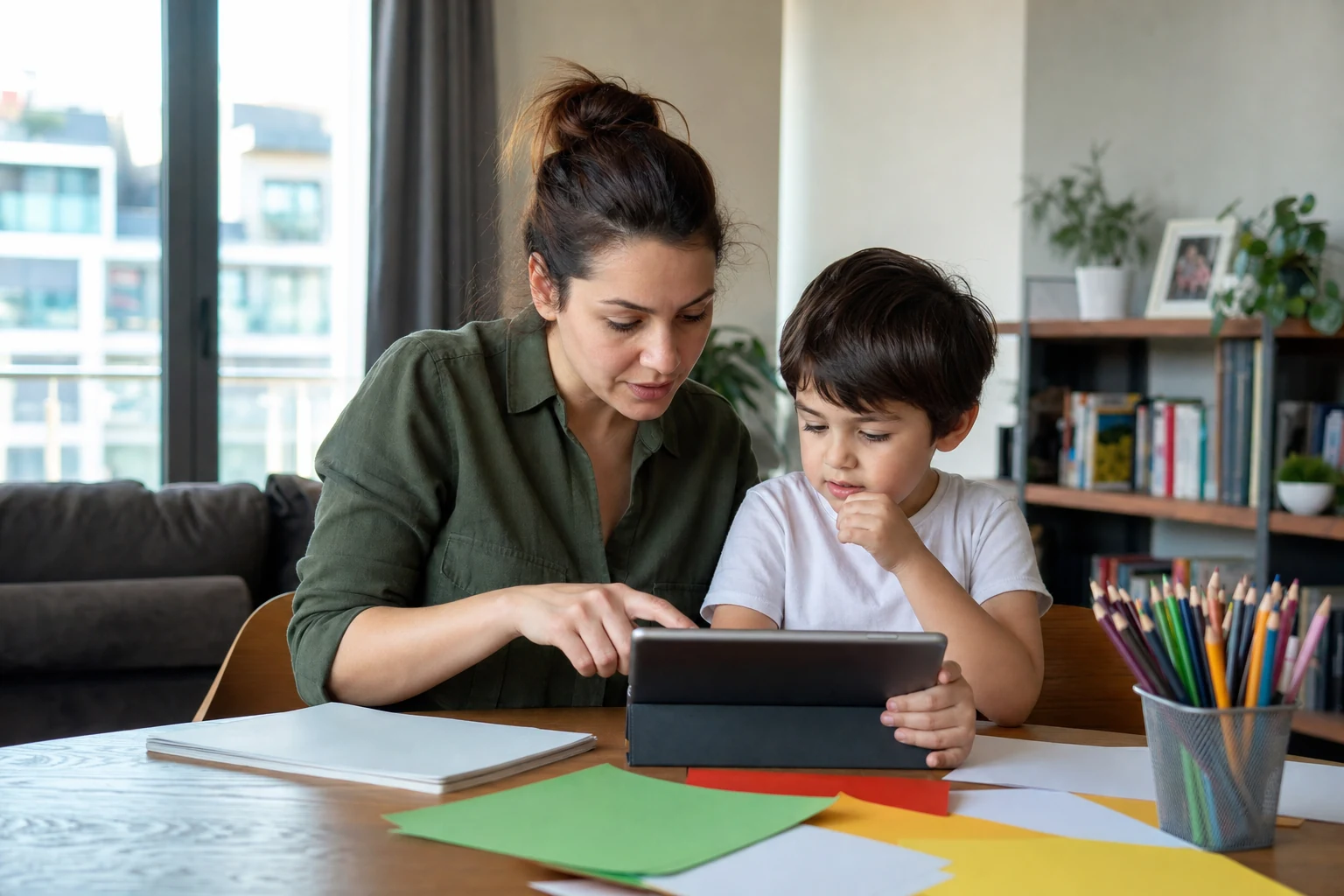 Türk anne ve oğlunun rehberli tablet kullanımı