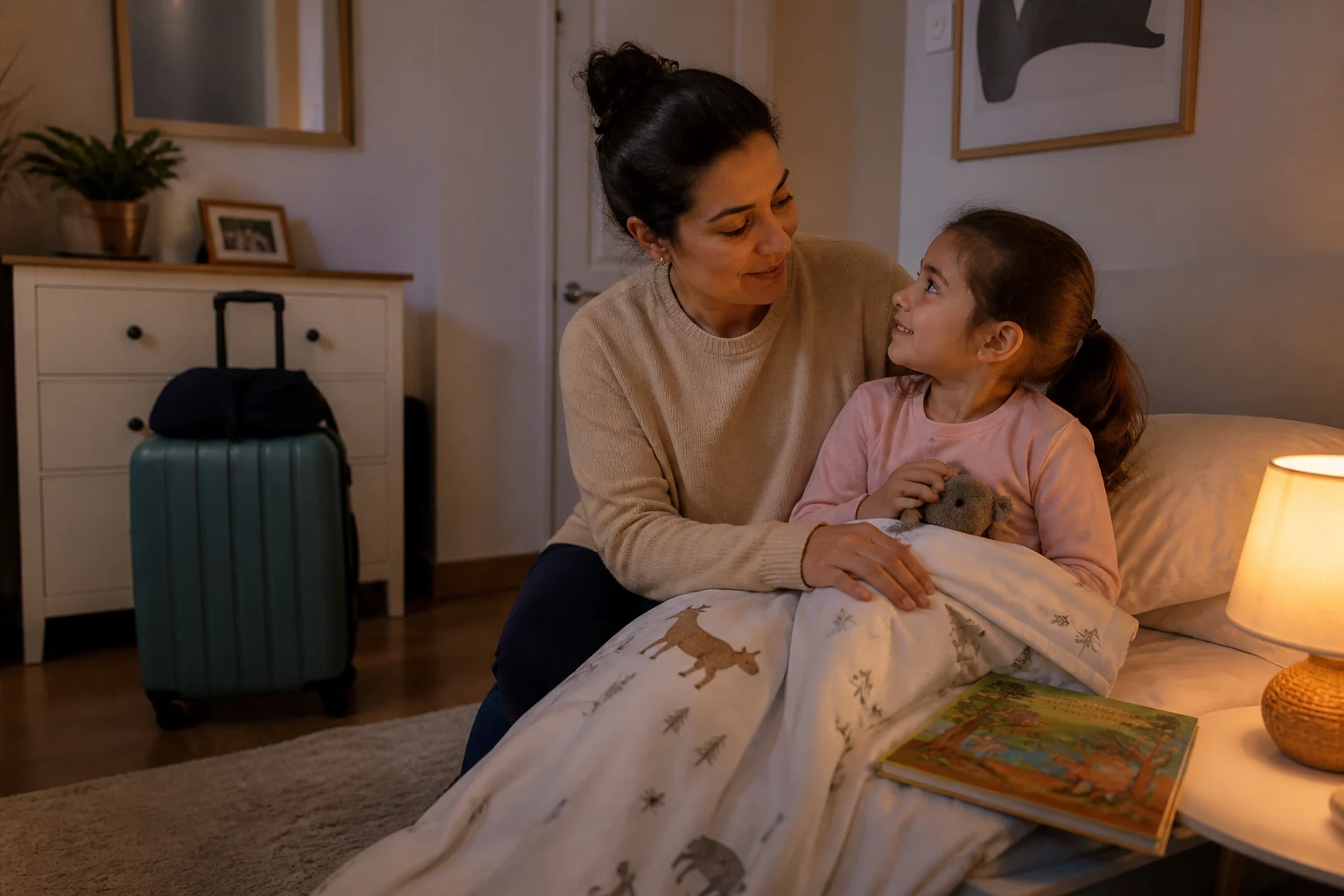 Ebeveyn ve çocuk seyahatte tanıdık eşyalarla geçici uyku düzeni kuruyor