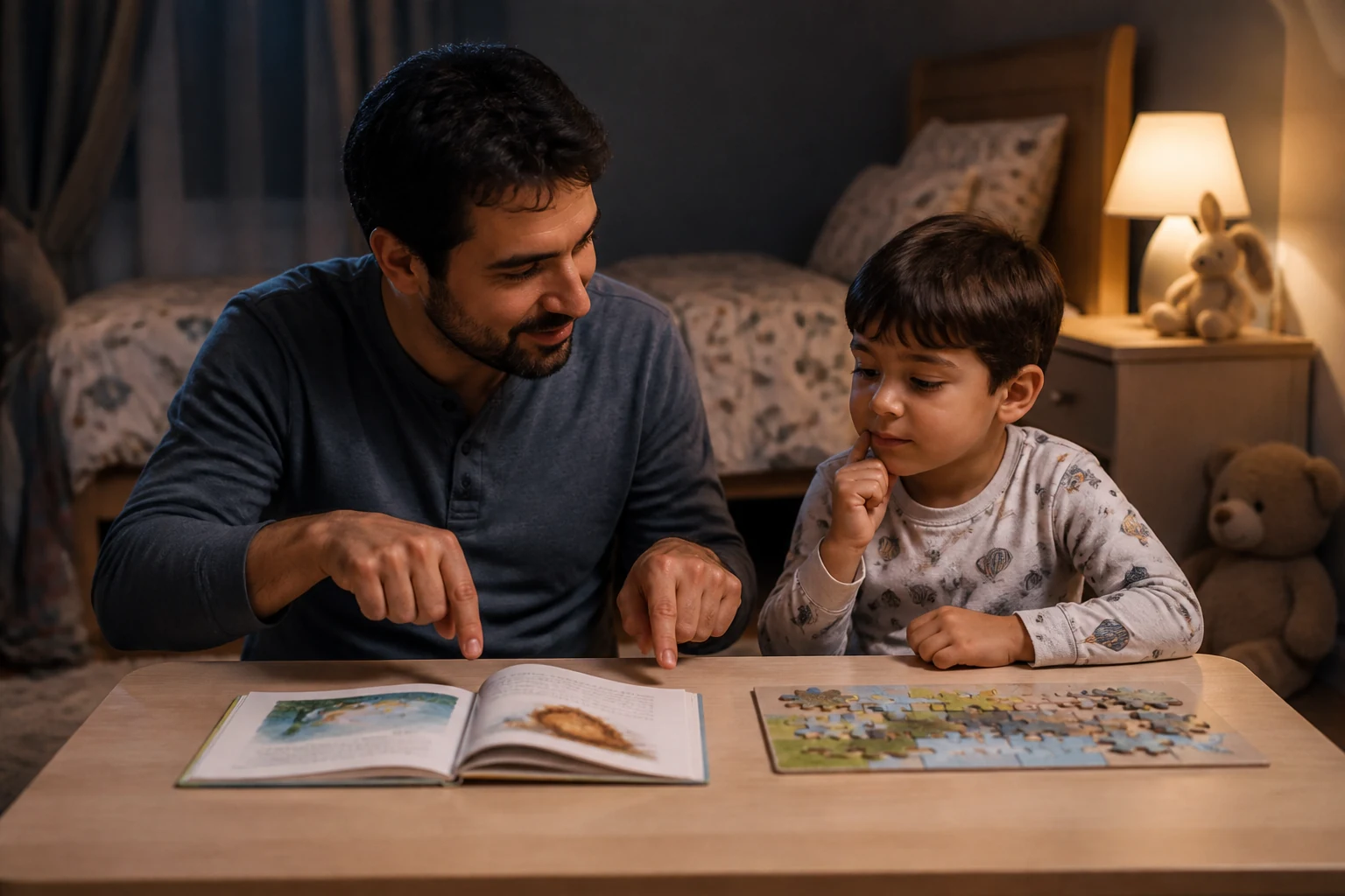 Baba ve okul öncesi çocuk yatmadan önce kitap ve yapboz arasından seçim yapıyor