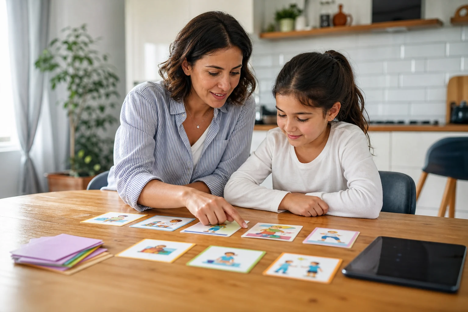 Okul sonrası ekran planını birlikte yapan anne ve çocuğu