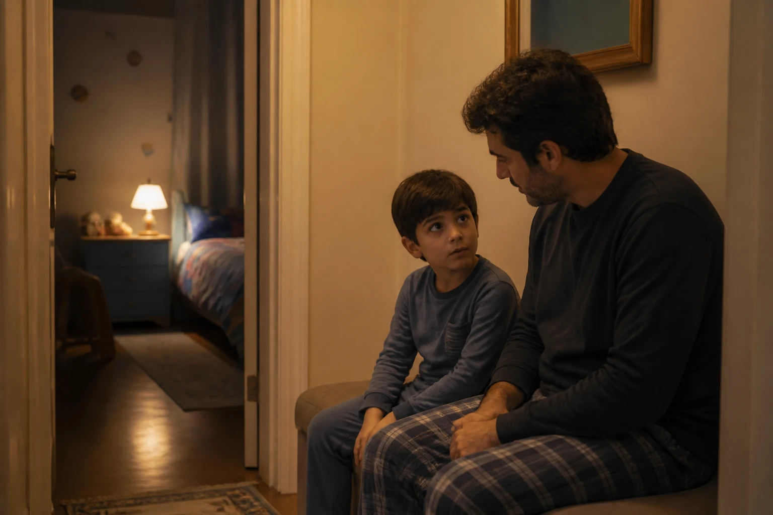 Baba gece uyanan okul çağındaki çocuğuyla sakin biçimde konuşuyor