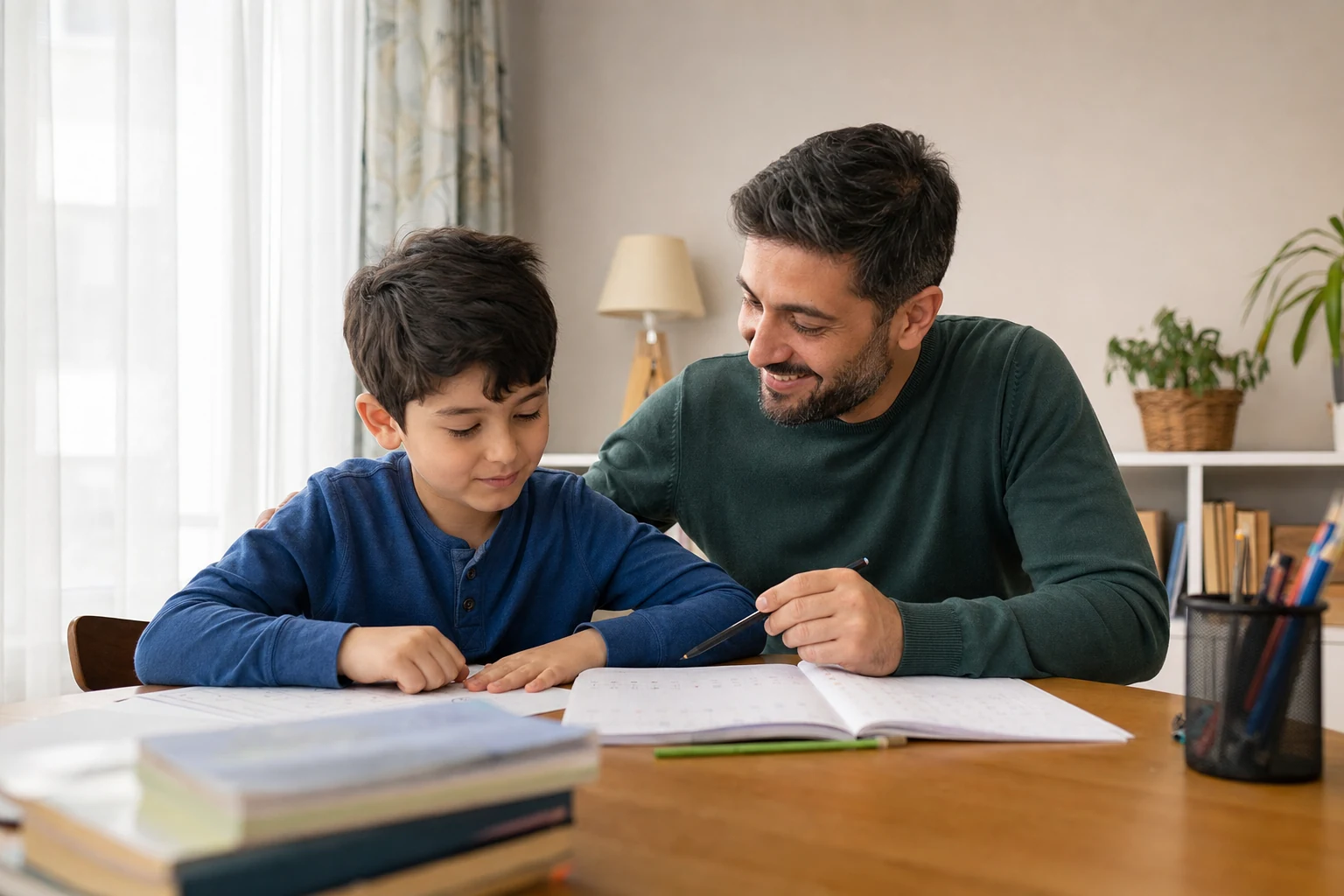 Okul çalışmasını babasıyla gözden geçiren çocuk