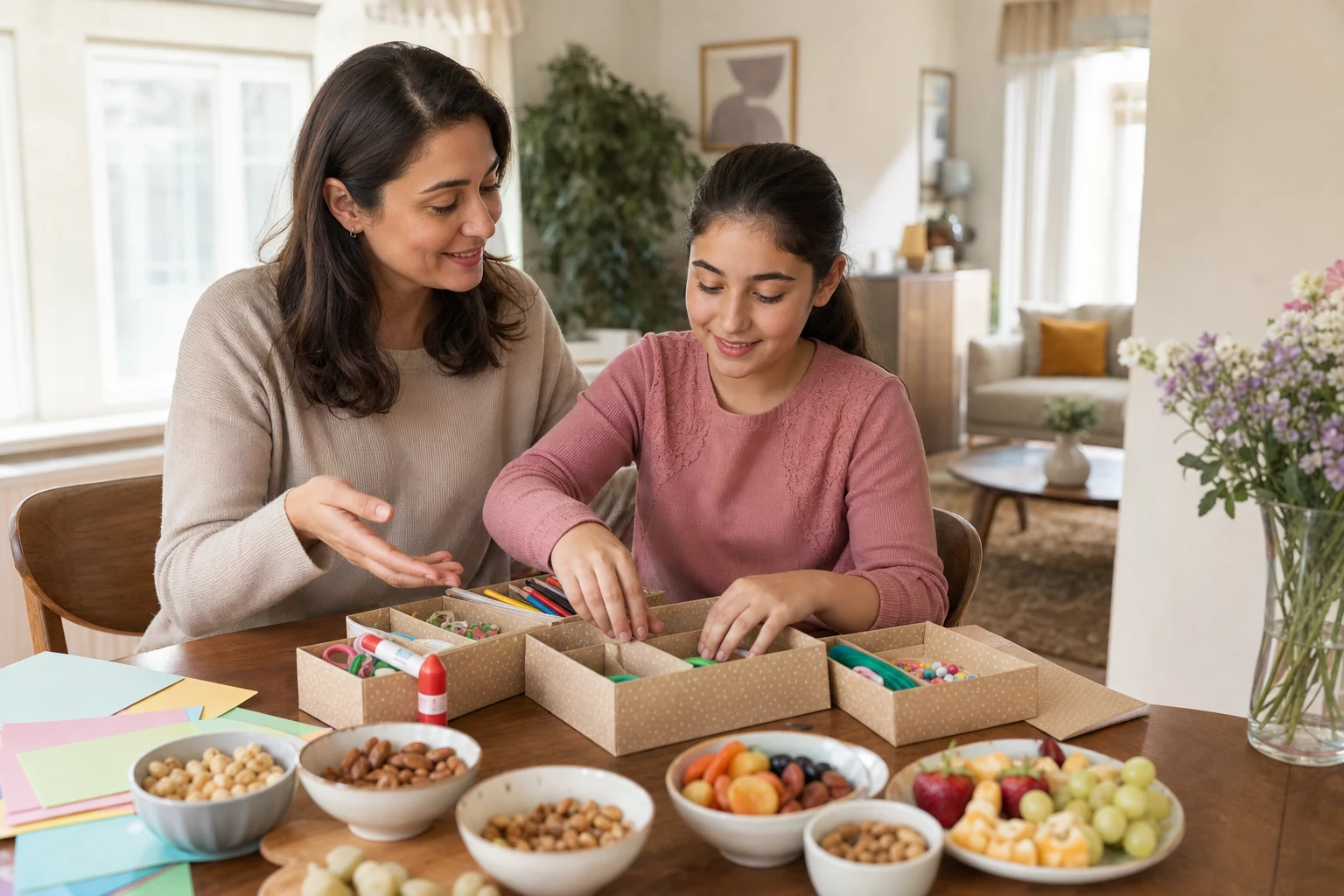 Un niño prepara con su madre materiales de actividad para compartir