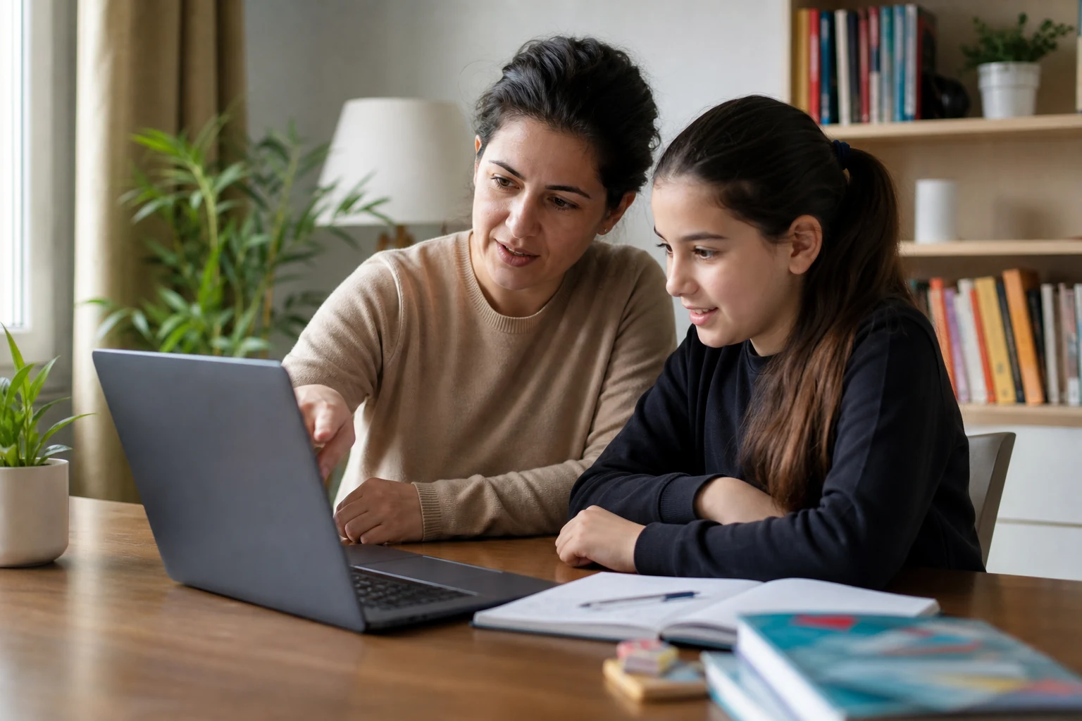Uma mãe avalia com a filha as escolhas seguras na internet