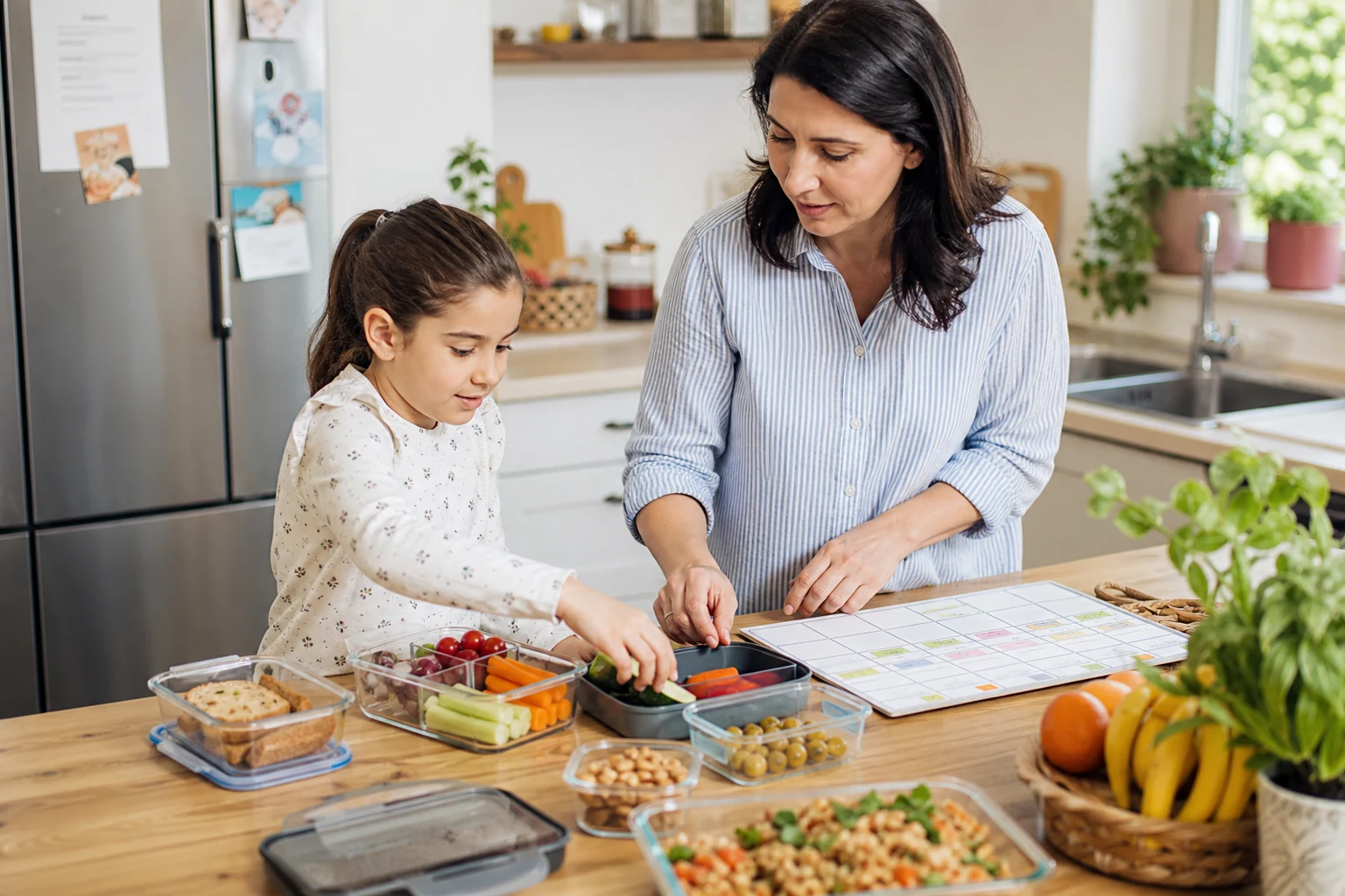 Um dos pais e o filho planeiam um padrão alimentar semanal sustentável