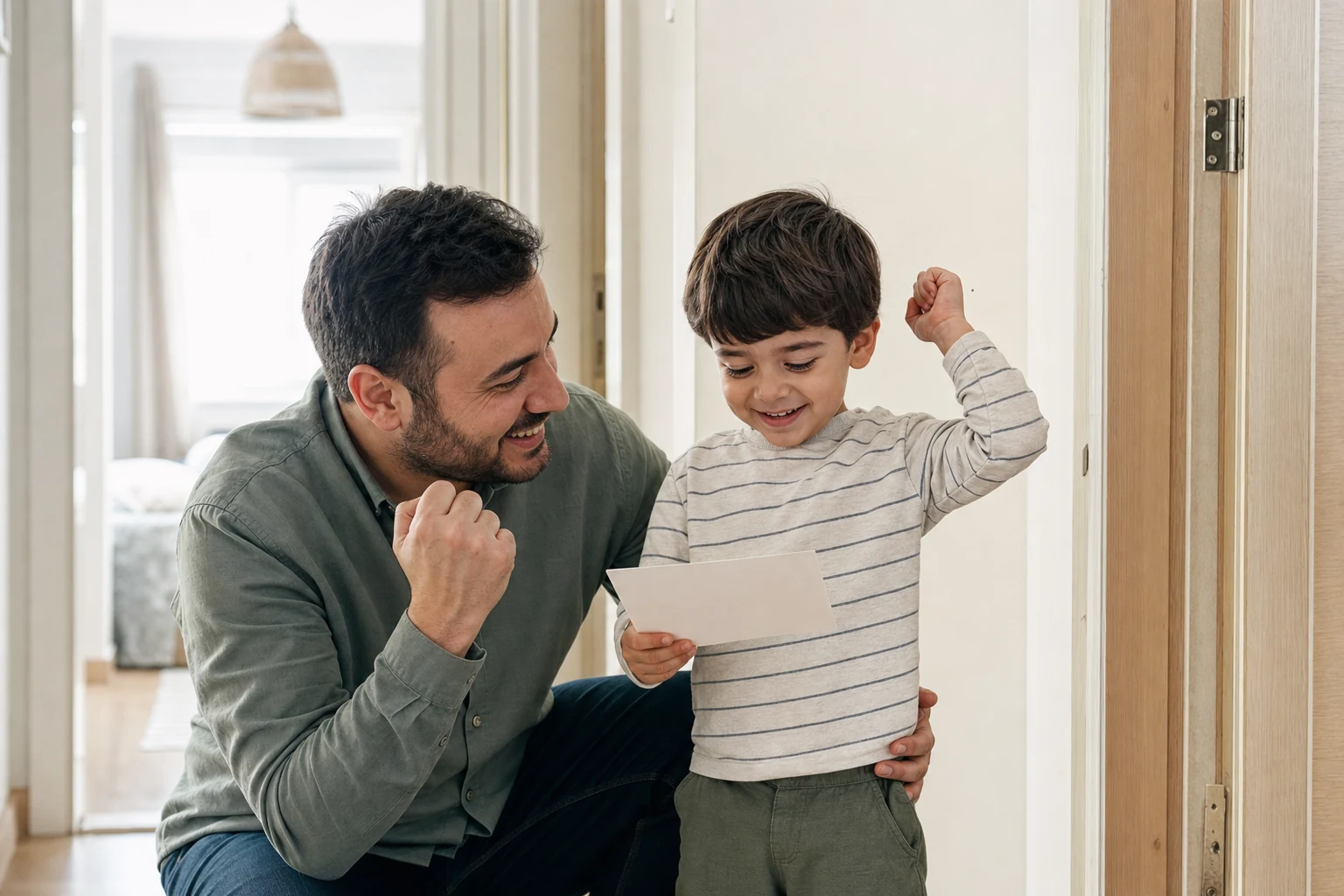 Günlük tuvalet öğrenimi adımını babasıyla kutlayan okul öncesi çocuk