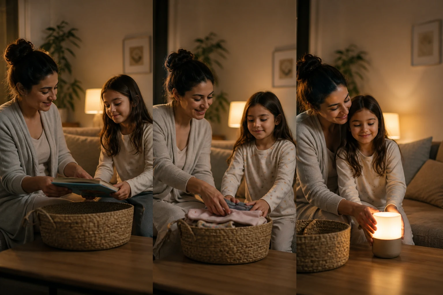 Huzurlu gece rutininin kitap, pijama ve loş ışık adımları
