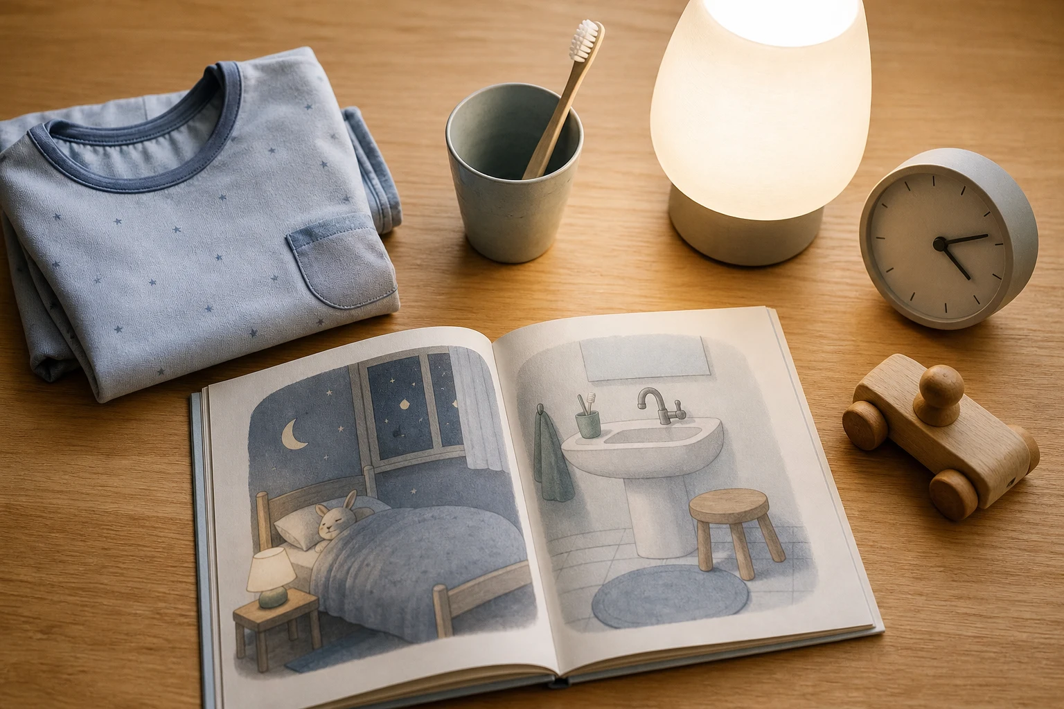 Kinderpyjama, Zahnbürste, offenes Bilderbuch, warmes Licht und analoge Uhr auf einem Holztisch