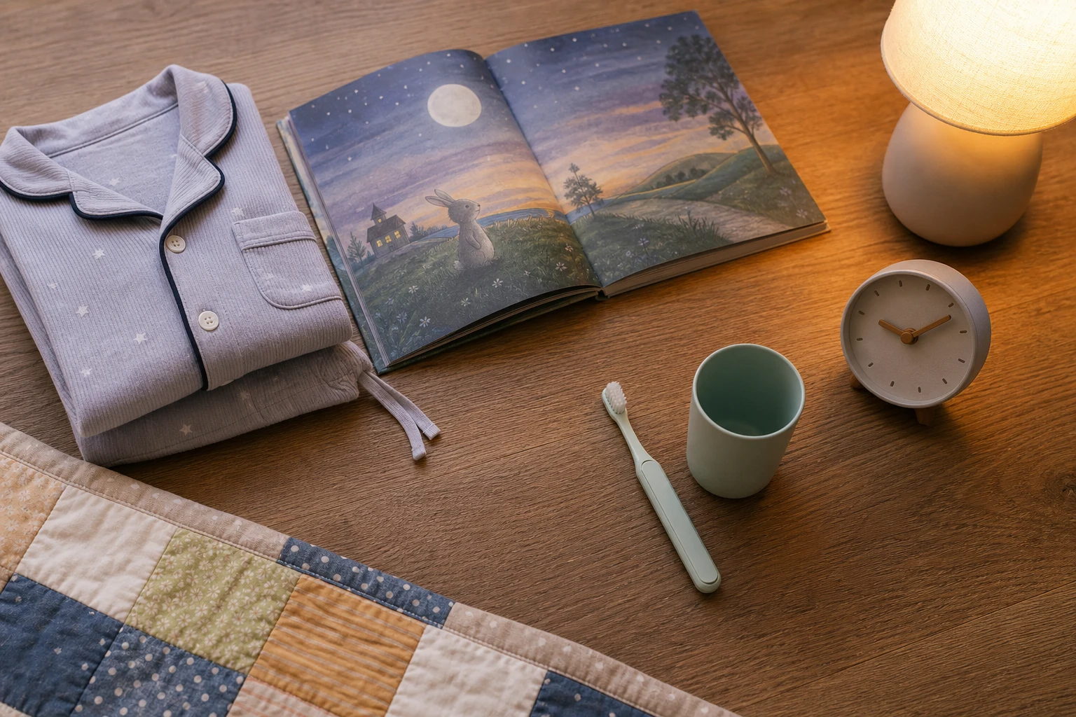 Folded child’s pyjamas, a toothbrush, an open picture book, a warm lamp and an analogue clock on a wooden bedside table