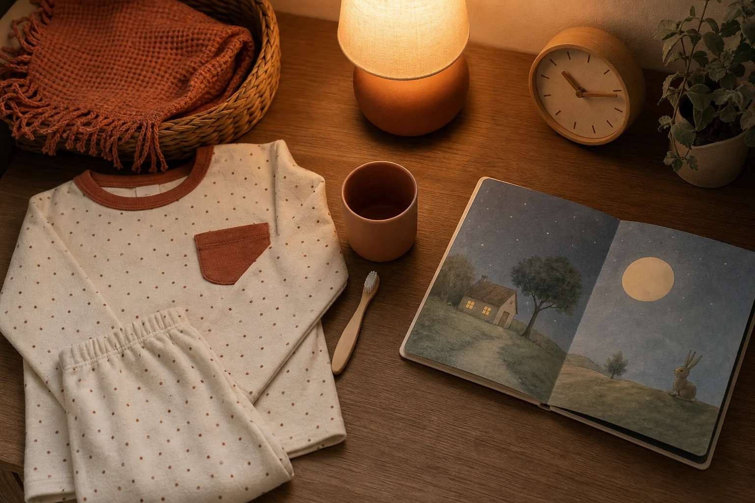 Pijama infantil doblado, cepillo de dientes, cuento abierto, lámpara cálida y reloj analógico sobre una mesa de madera