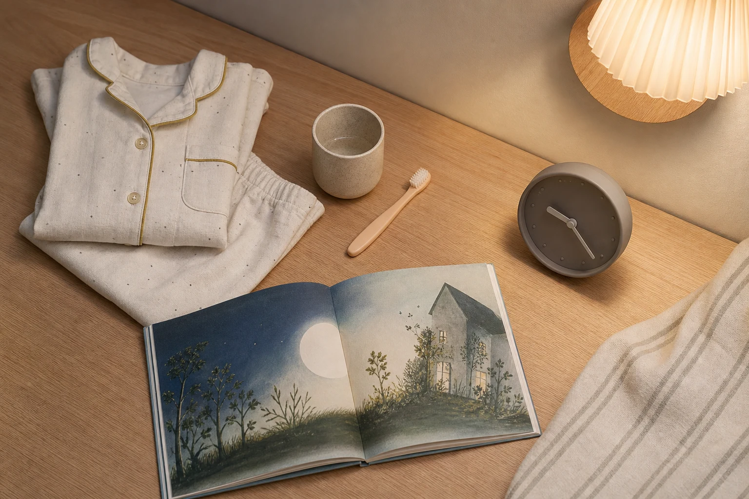 Pyjama d’enfant plié, brosse à dents, album ouvert, lampe douce et horloge sur une table en bois