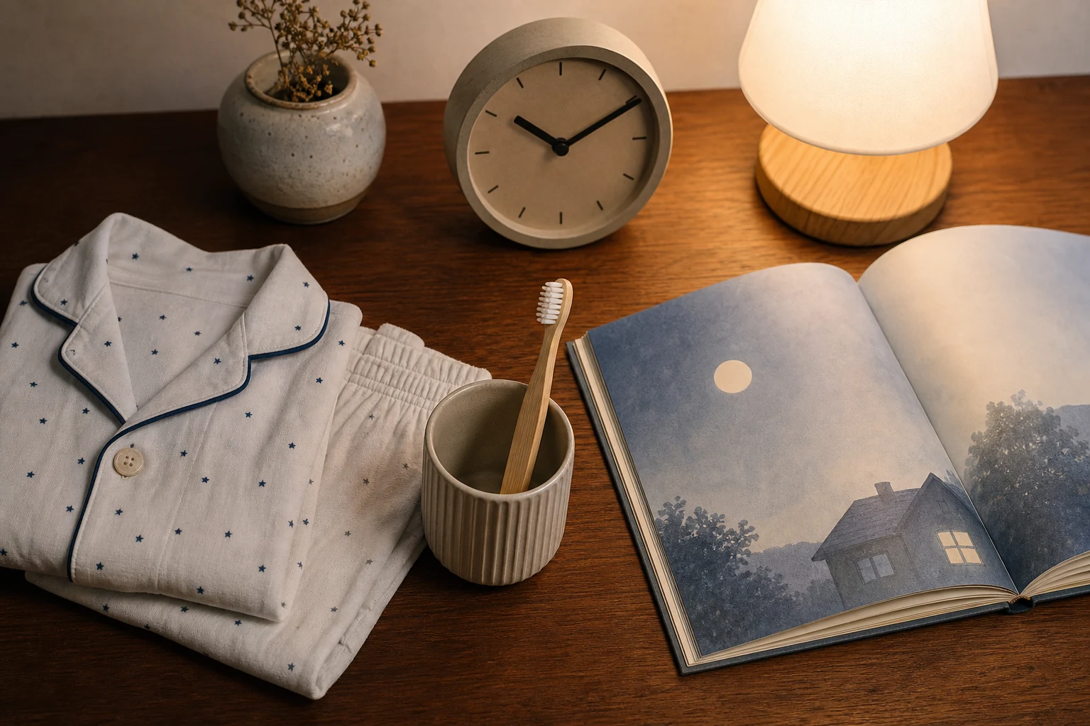 Pigiama piegato, spazzolino, libro illustrato aperto, lampada calda e orologio su un tavolo di legno