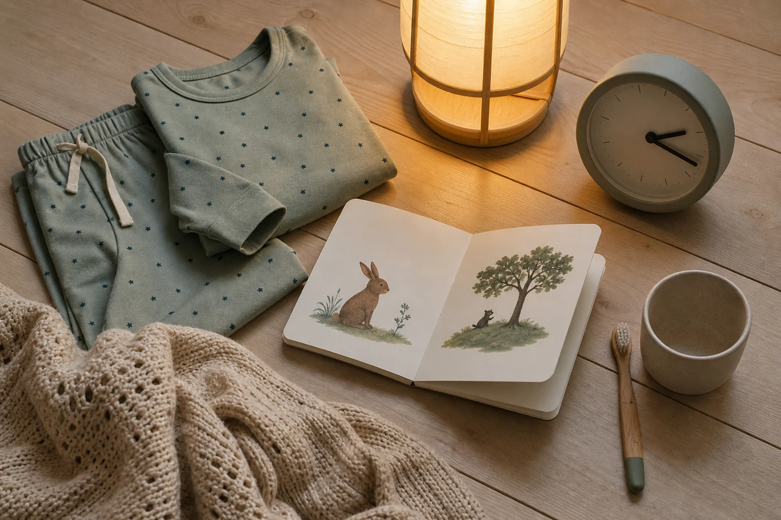 Opgevouwen kinderpyjama, tandenborstel, open prentenboek, warme lamp en analoge klok op een houten tafel