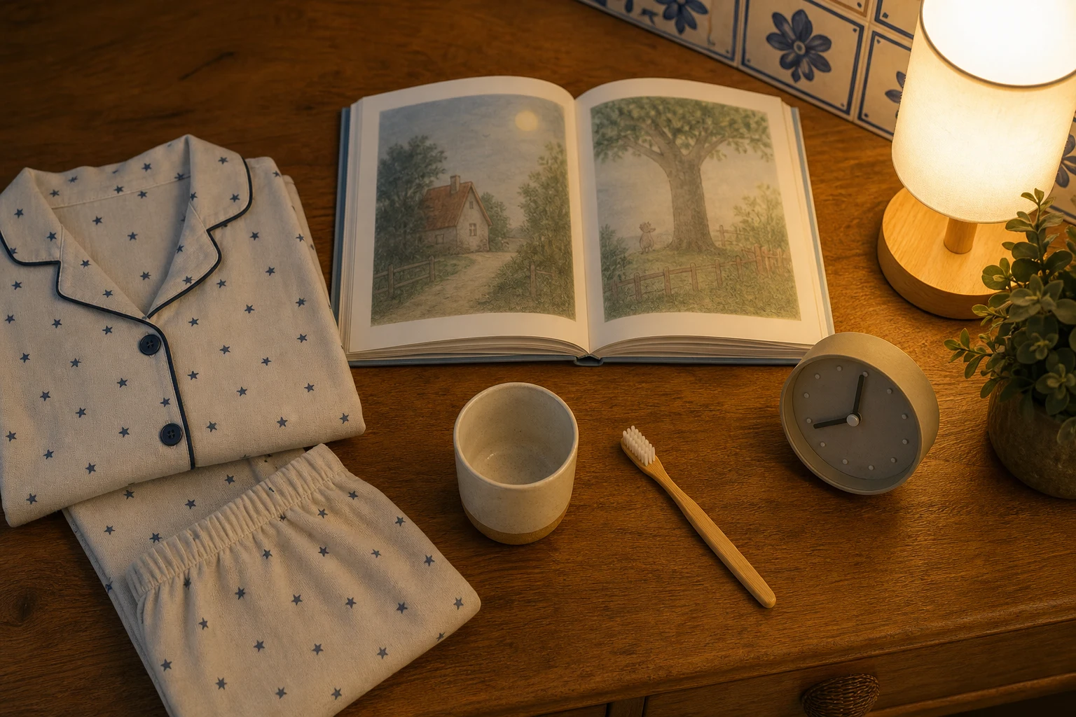 Pijama infantil dobrado, escova de dentes, livro ilustrado aberto, luz quente e relógio sobre uma mesa de madeira