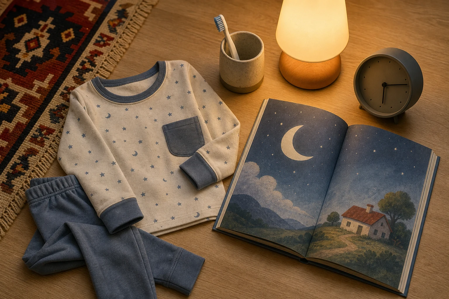 Ahşap komodin üzerinde çocuk pijaması, diş fırçası, resimli kitap, loş lamba ve analog saat