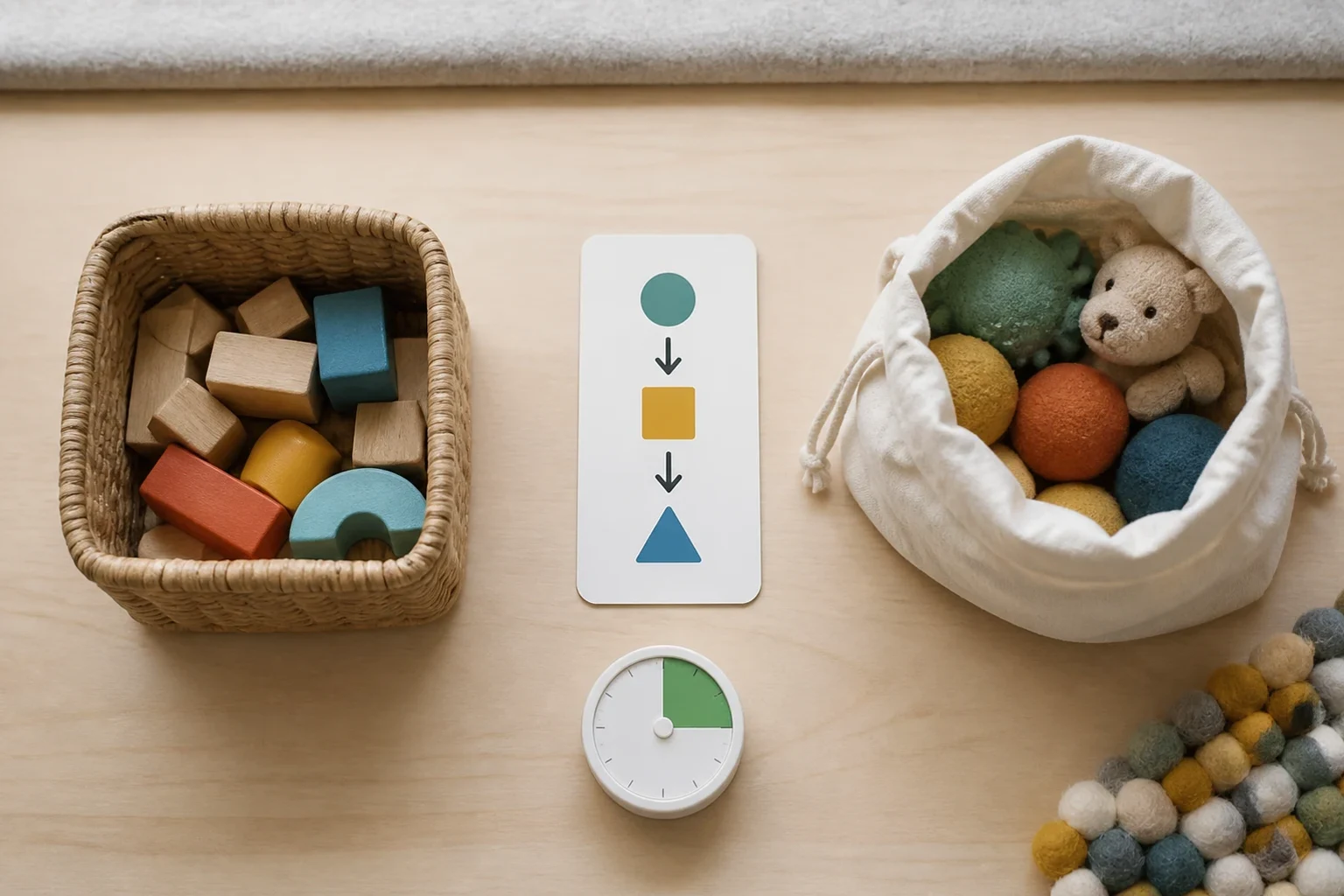 Zwei Aufräumoptionen mit Holzspielzeug, Stoffkorb, Bildkarte und visuellem Timer