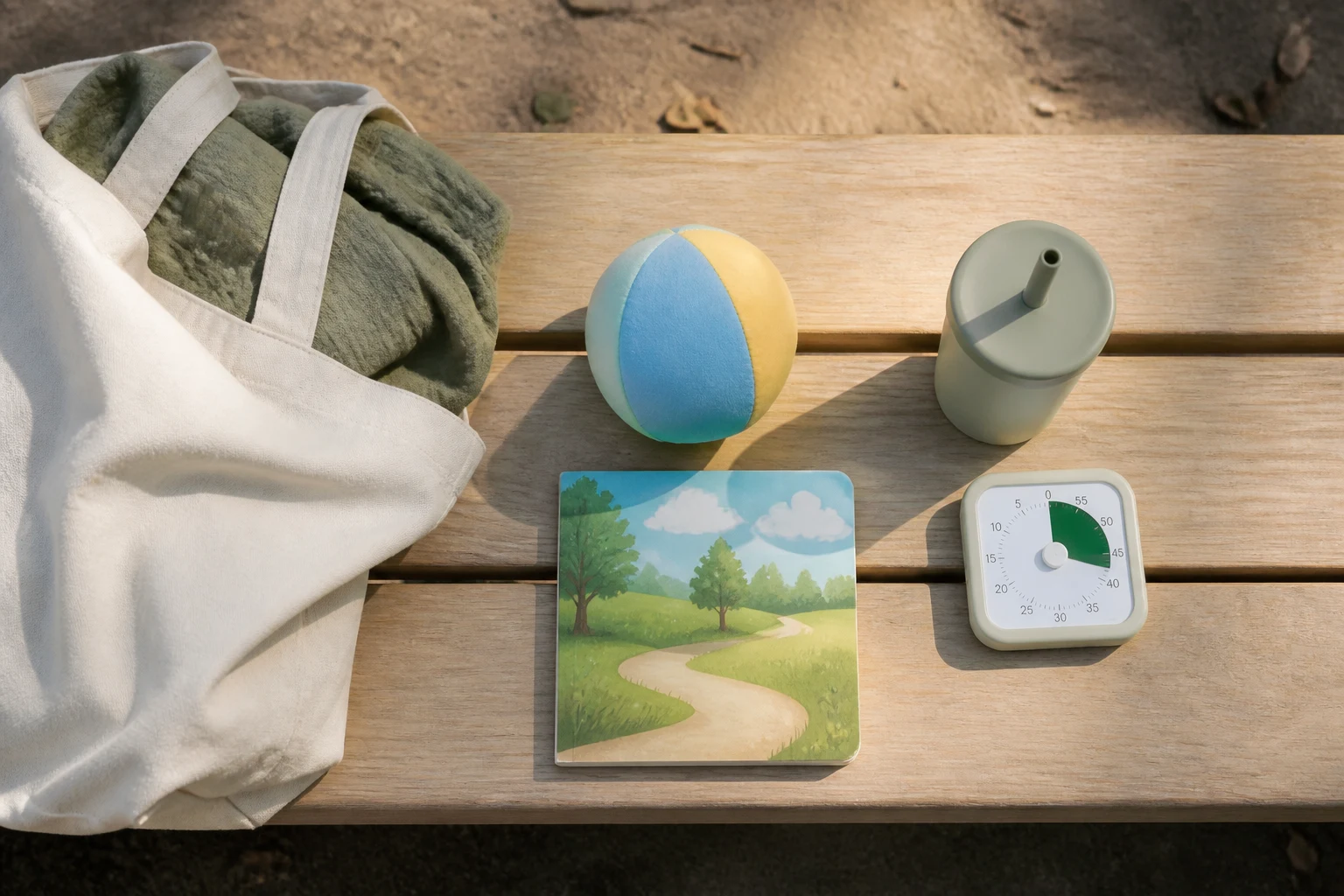 A soft ball, a board picture book, a plain cup and a visual timer arranged as two toddler transition choices