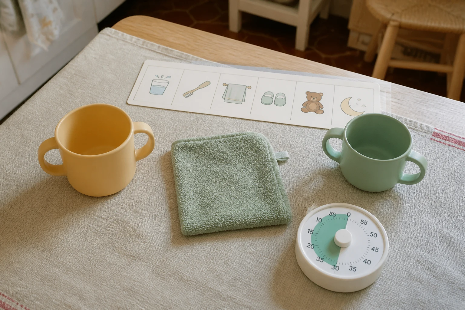 Deux gobelets adaptés à l’enfant, un gant, une carte illustrée et un minuteur visuel sur une table en bois