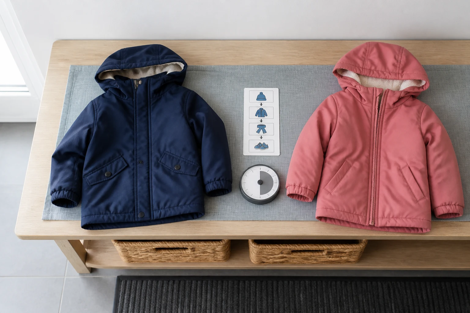 Twee kinderjassen, een beeldkaart en een visuele timer op een lichte houten bank