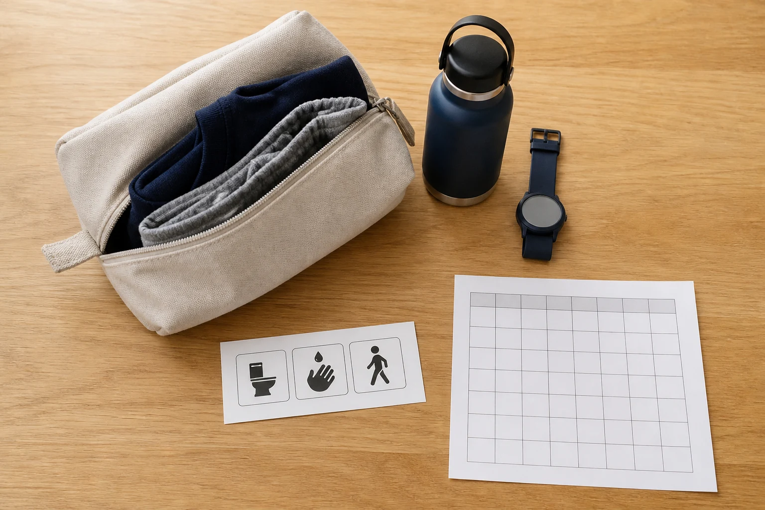 A discreet pouch with spare clothes, water bottle, simple watch and picture routine cards for school