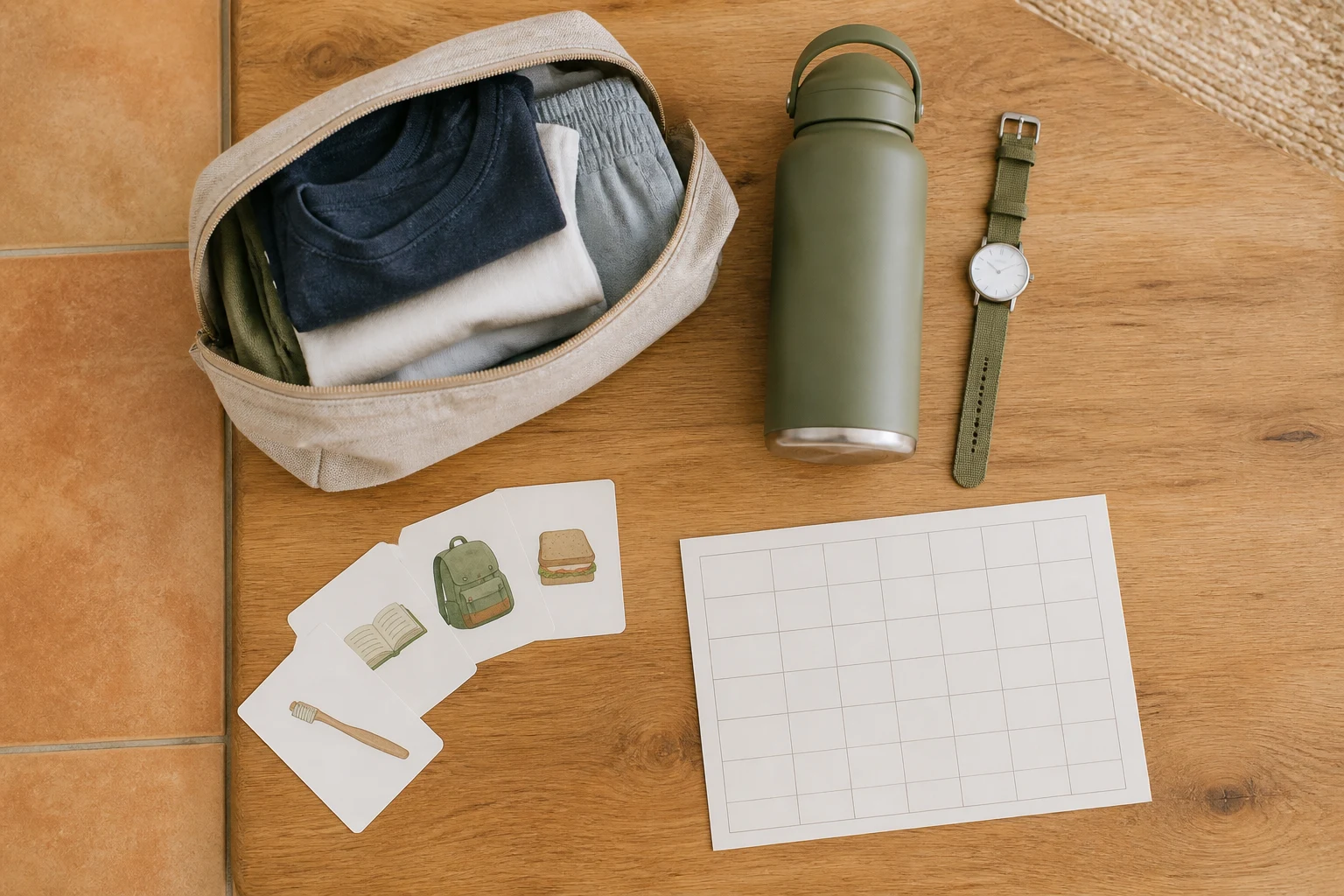 Bolsa opaca con ropa de recambio, botella, reloj sencillo y tarjetas visuales para la rutina escolar