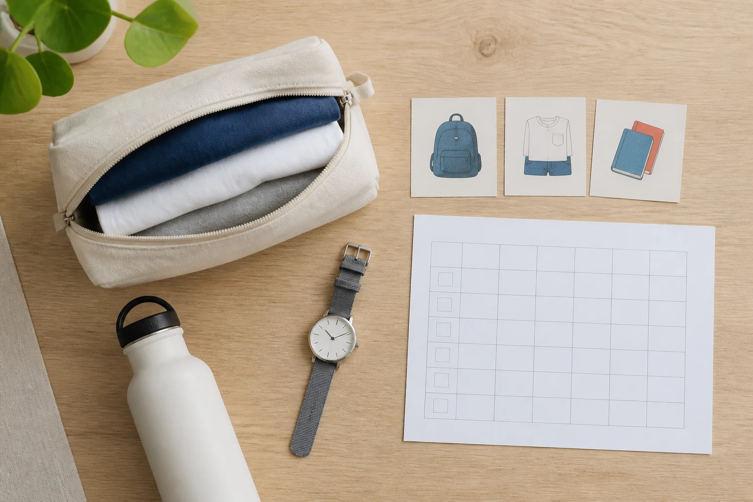 Pochette opaque avec vêtements de rechange, gourde, montre simple et cartes de routine illustrées