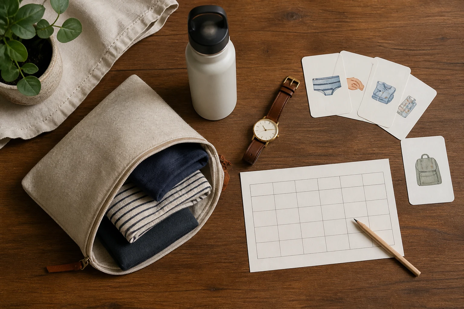 Pochette opaca con cambio, borraccia, orologio semplice e carte illustrate per la routine scolastica