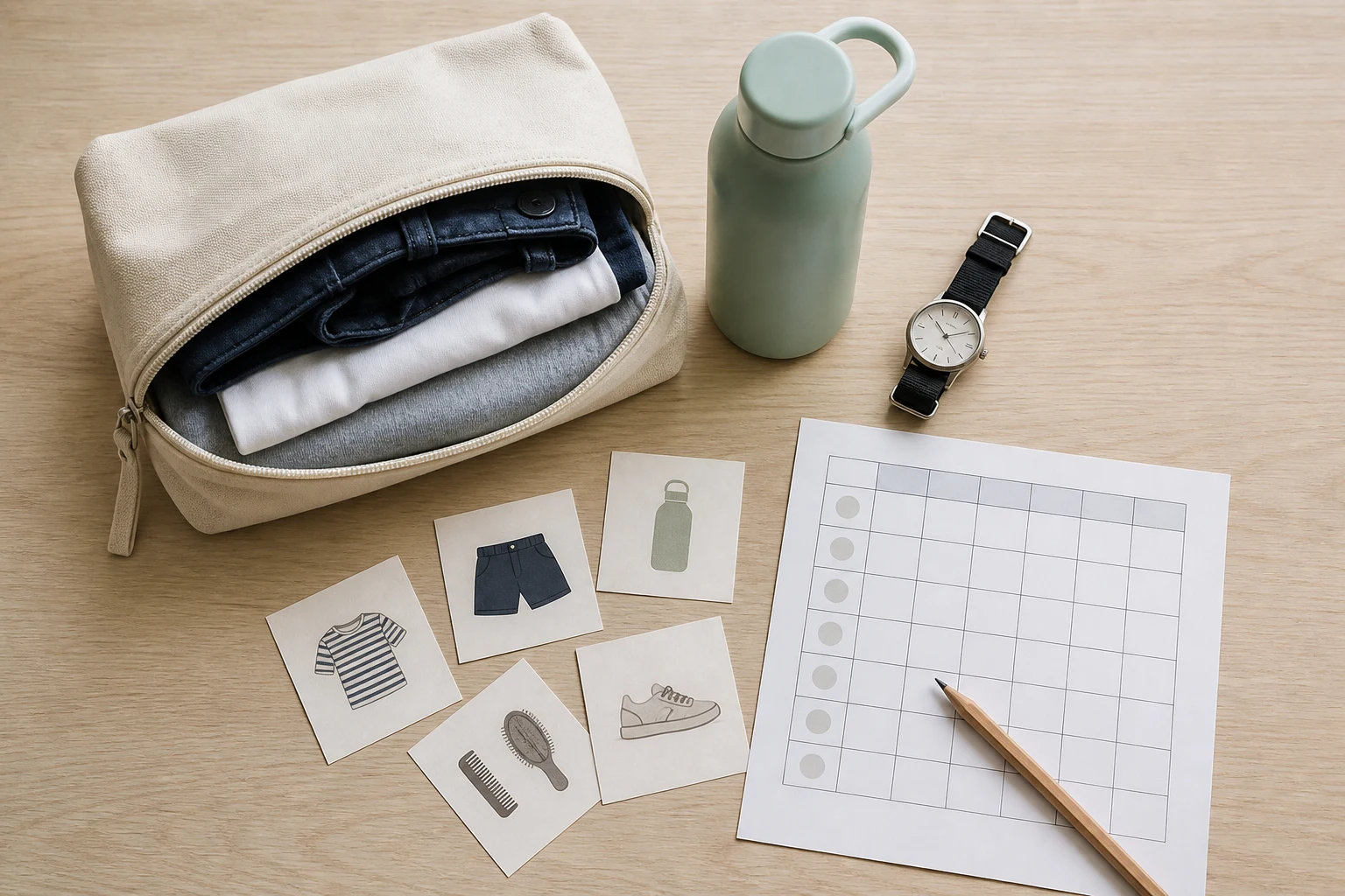 Ondoorzichtig tasje met reservekleding, drinkfles, eenvoudig horloge en beeldkaarten voor school