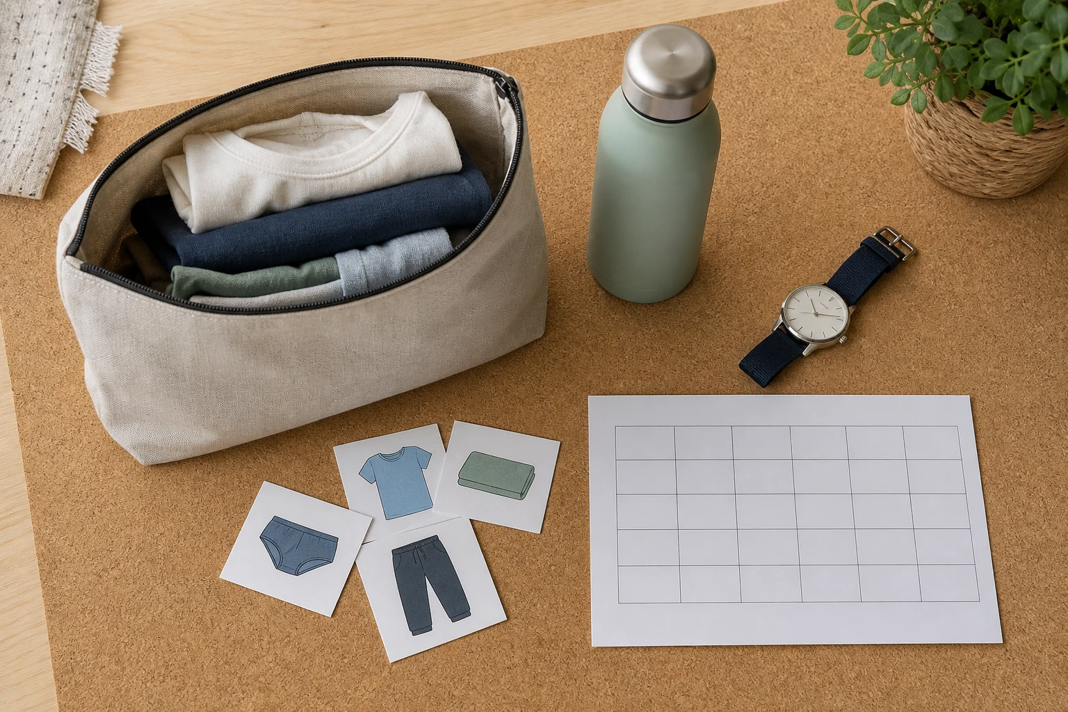 Bolsa opaca com roupa suplente, garrafa, relógio simples e cartões visuais para a rotina escolar
